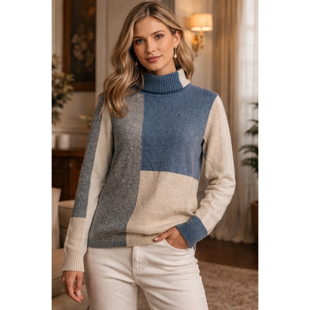 Sundance Colorblock Turtleneck‎ Sweater XS HYGGE Blue Gray Cream Career Chic